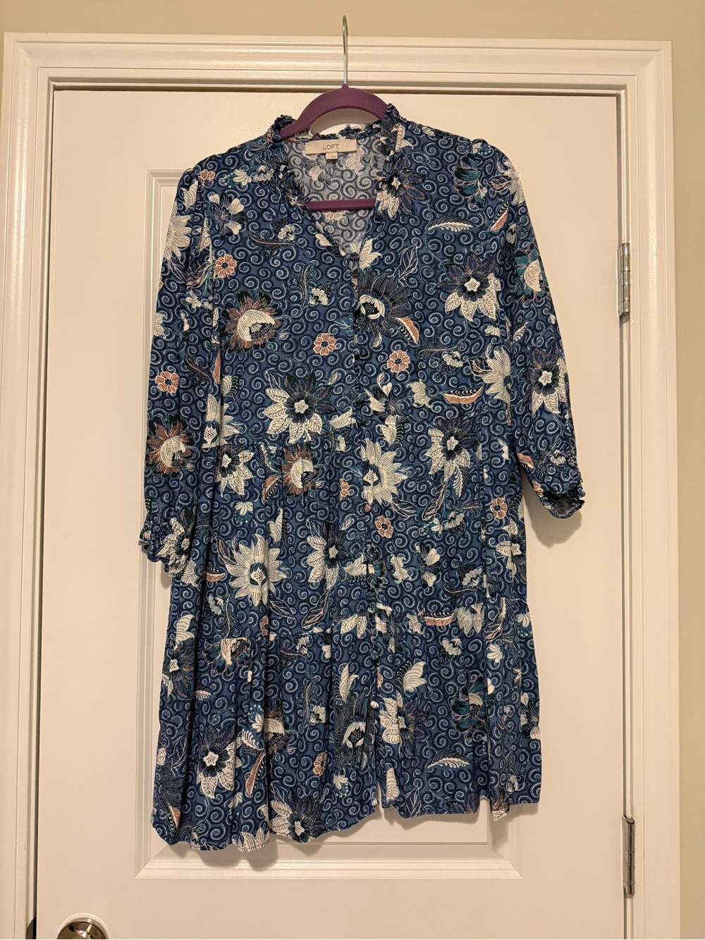 LOFT Navy Floral Tiered Button-Front Midi Dress
